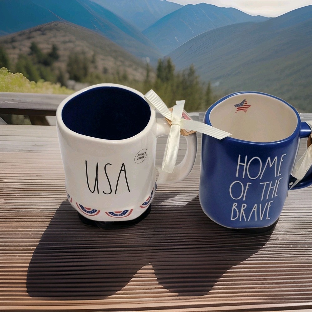 New Rae Dunn Set of 2 Mugs Patriotic USA American Flag & "Home Of The Brave"